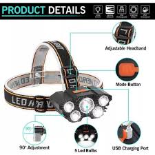 Linterna frontal de 5 LED recargable con USB